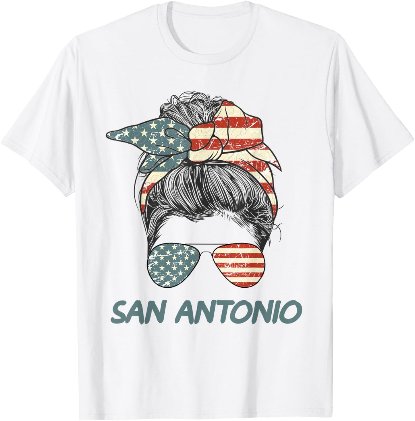 San Antonio Girl Messy bun, Texas Pride Patriotic USA flag T-Shirt - T-Shirt | White