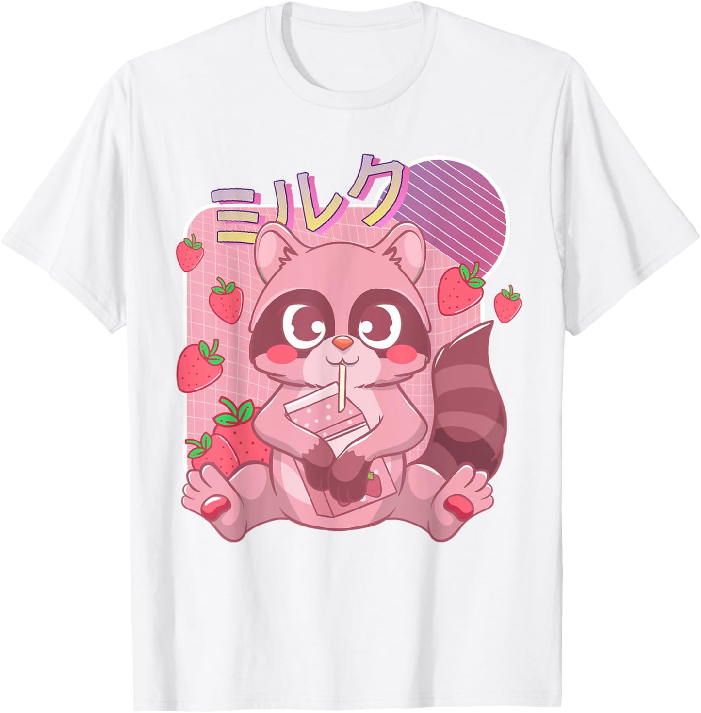 Funny Kawaii Raccoon Strawberry Milk Shake Japanese Anime T-Shirt - T-Shirt | White