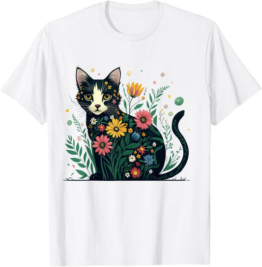Unique Floral Cat designs for Cat Lovers Stunning Cat in Wildflowers Cottagecore Aesthetic Cat Eyes , Small, Grey T-Shirt - T-Shirt | White