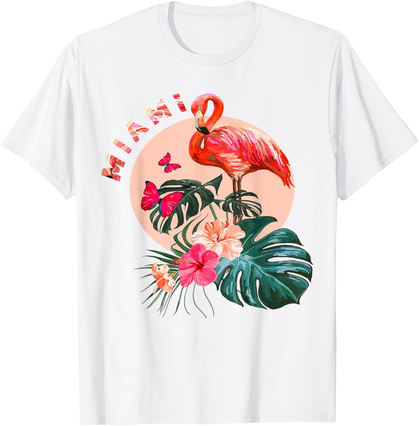 Miami Beach Florida Flamingo Sunset - Flowers Miami Souvenir T-Shirt - T-Shirt | White