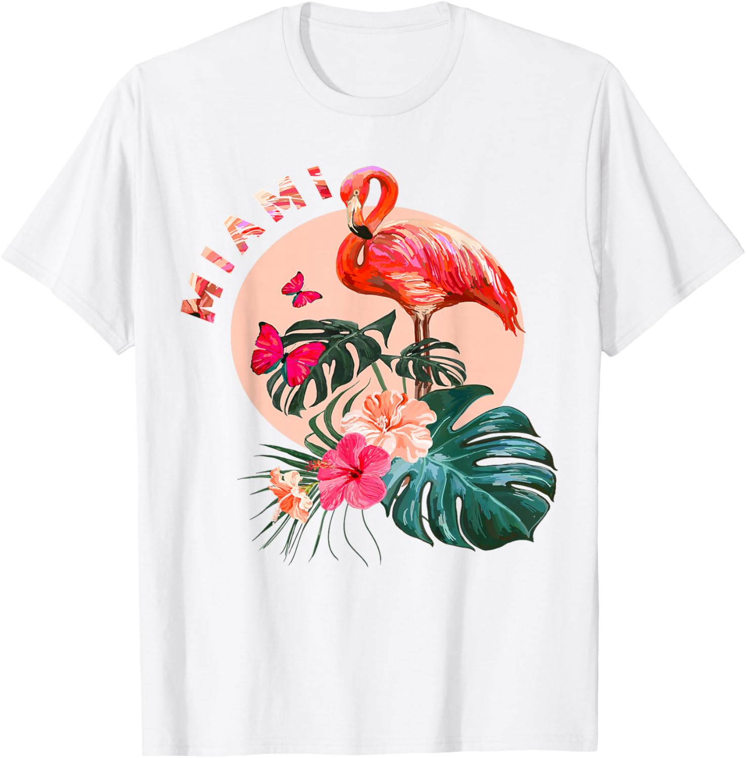 Miami Beach Florida Flamingo Sunset - Flowers Miami Souvenir T-Shirt - T-Shirt | White