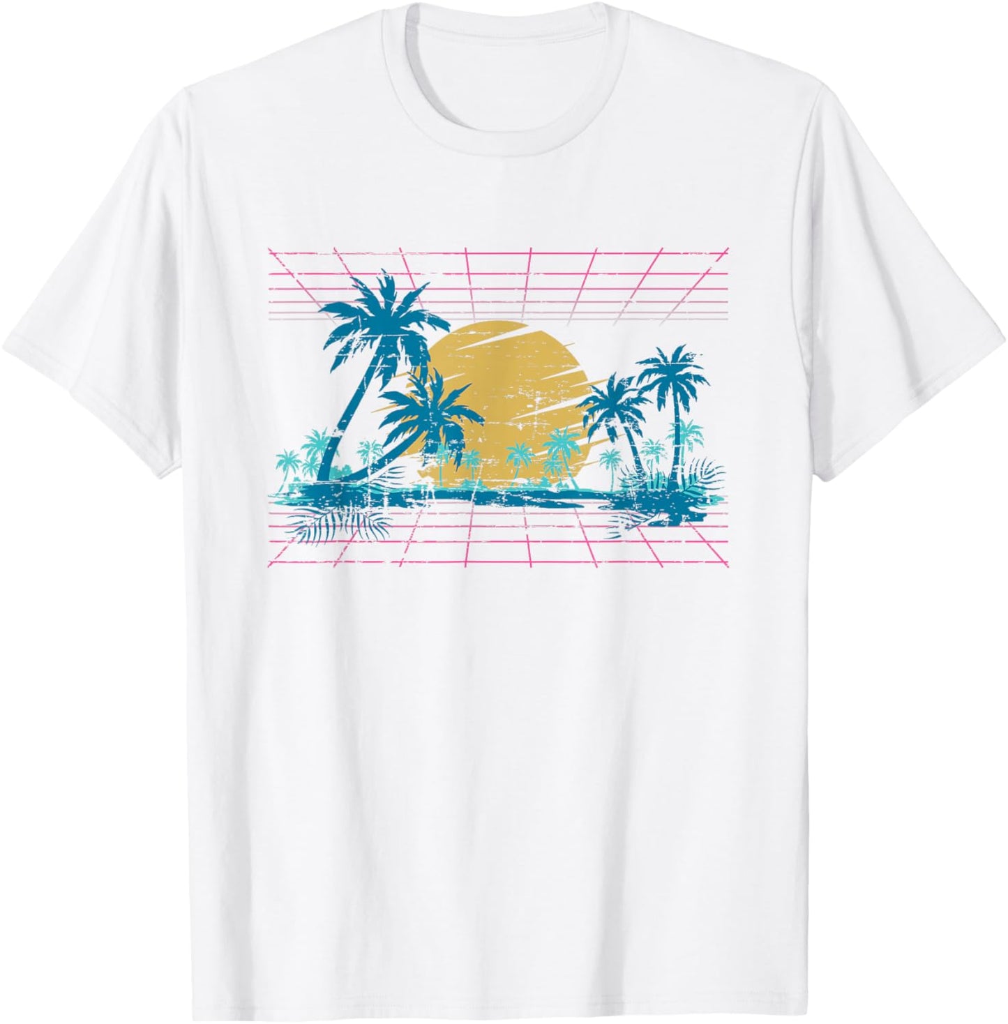 Sunset Palm Trees Beach 80s Art Vaporwave Tropical Summer T-Shirt - T-Shirt | White