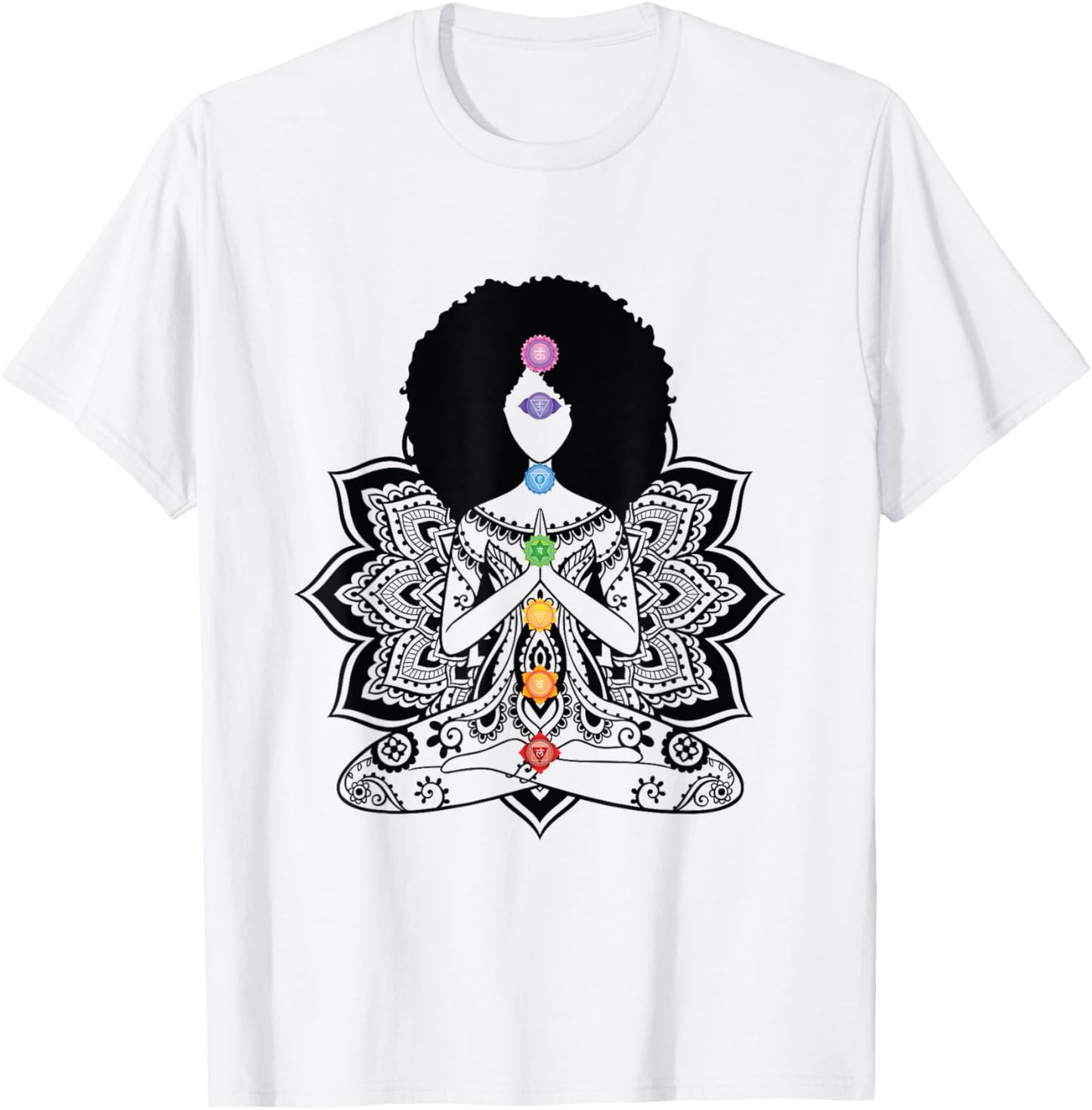 Afro Black Girl Yoga Zen Mandala Seven Chakra Meditation T-Shirt - T-Shirt | White