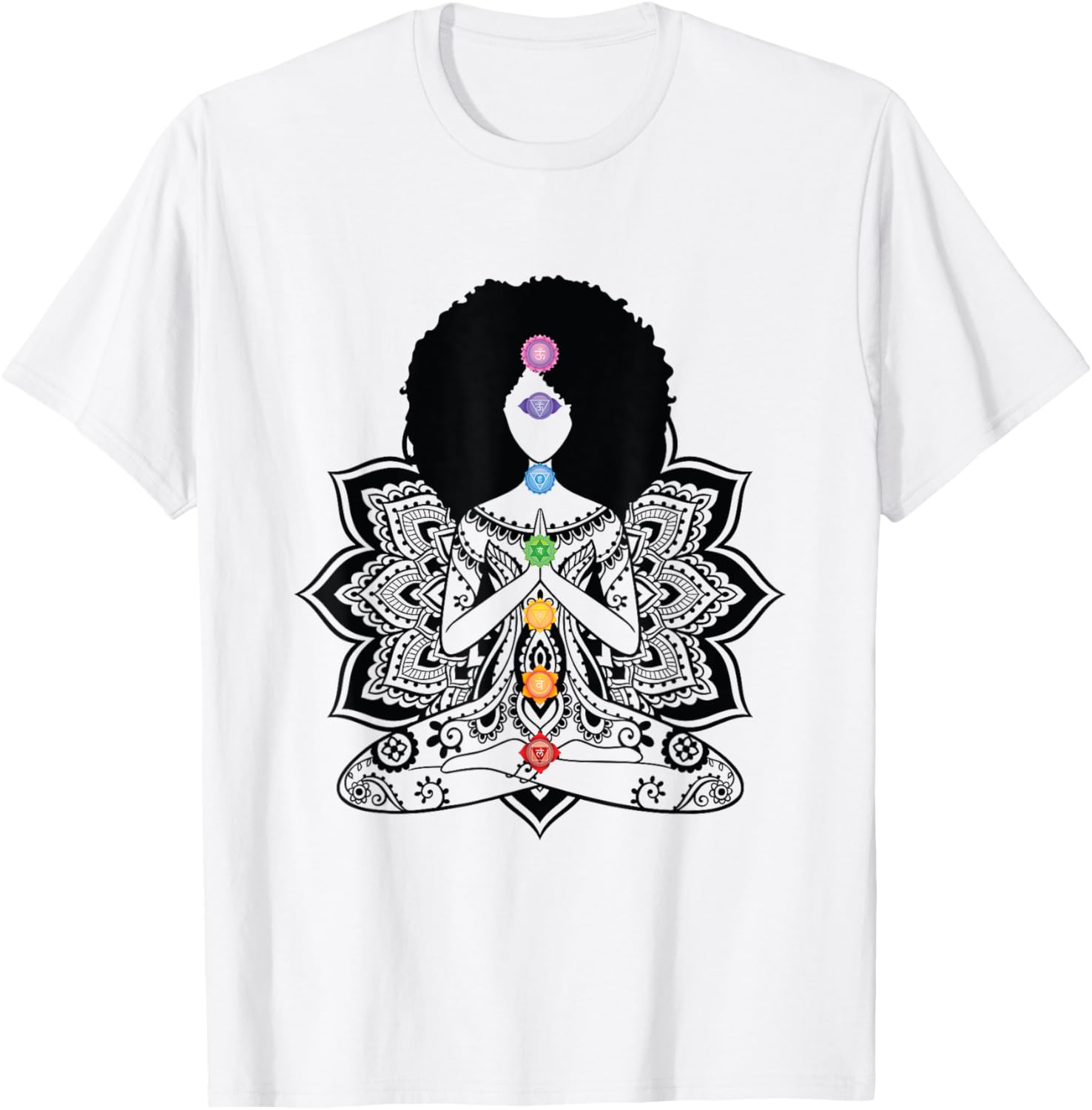 Afro Black Girl Yoga Zen Mandala Seven Chakra Meditation T-Shirt - T-Shirt | White