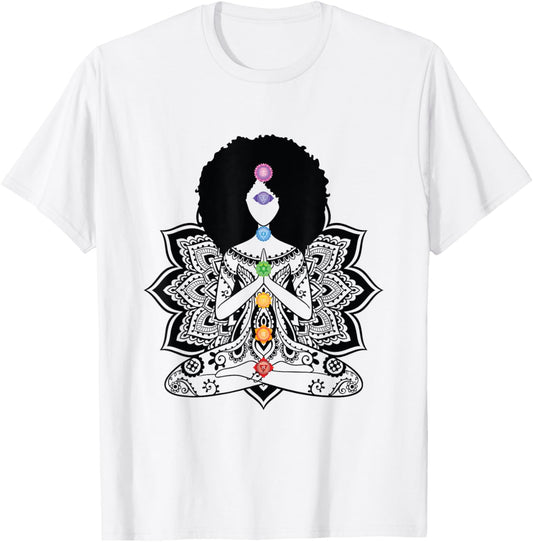 Afro Black Girl Yoga Zen Mandala Seven Chakra Meditation T-Shirt - T-Shirt | White
