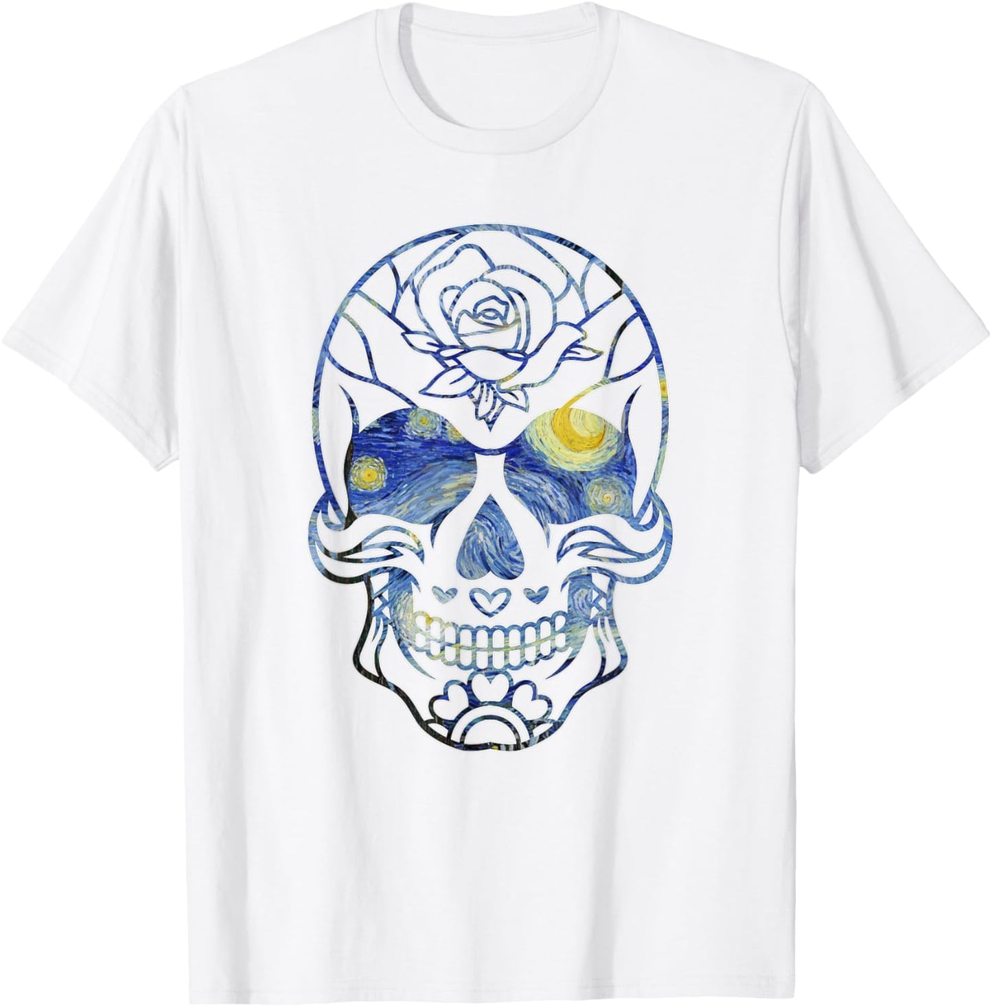 Van Gogh Starry Night Sugar Skull Day of the Dead Art T-Shirt - T-Shirt | White
