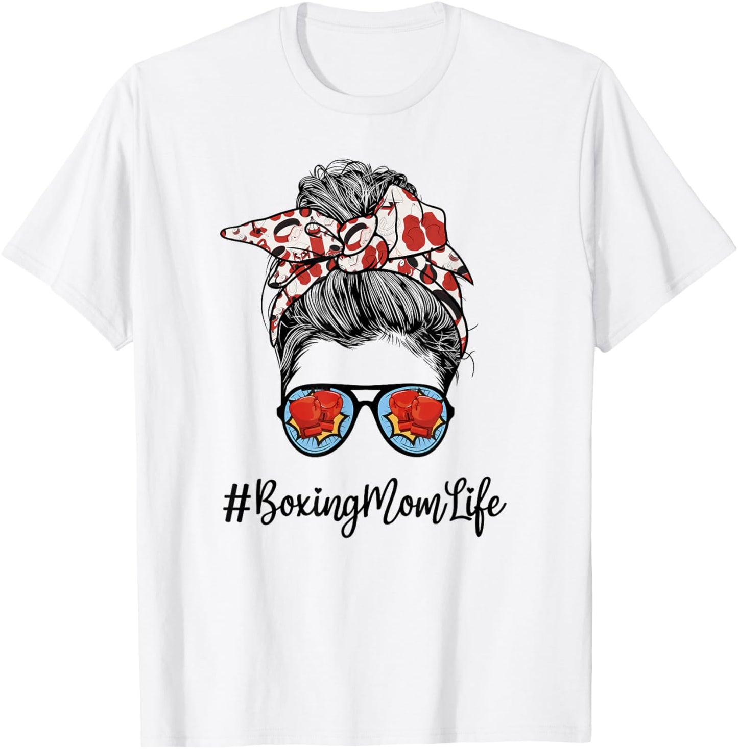 Funny Life Boxing Mom Leopard Messy bun Glasses T-Shirt - T-Shirt | White