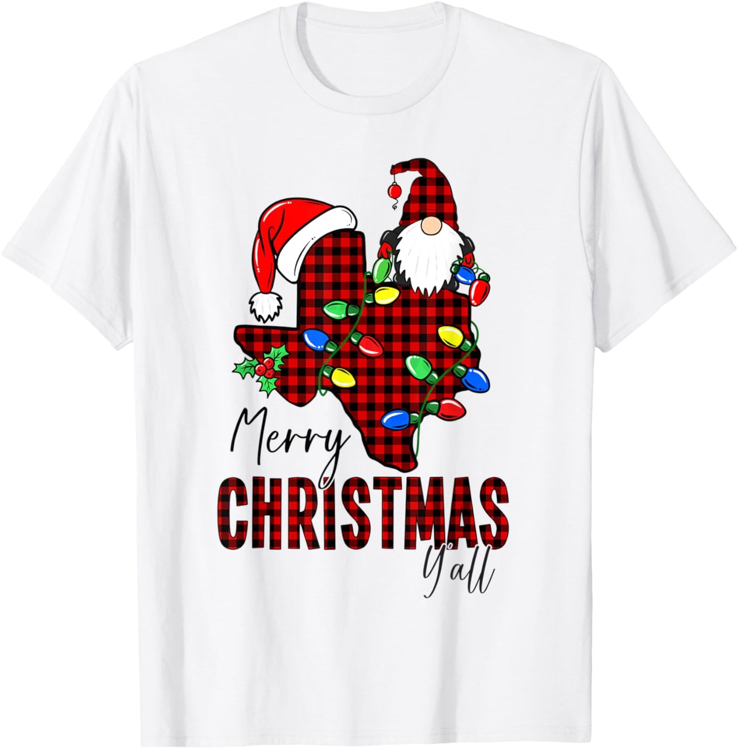 Merry Christmas Y'all Texas State Red Plaid T-Shirt - T-Shirt | White