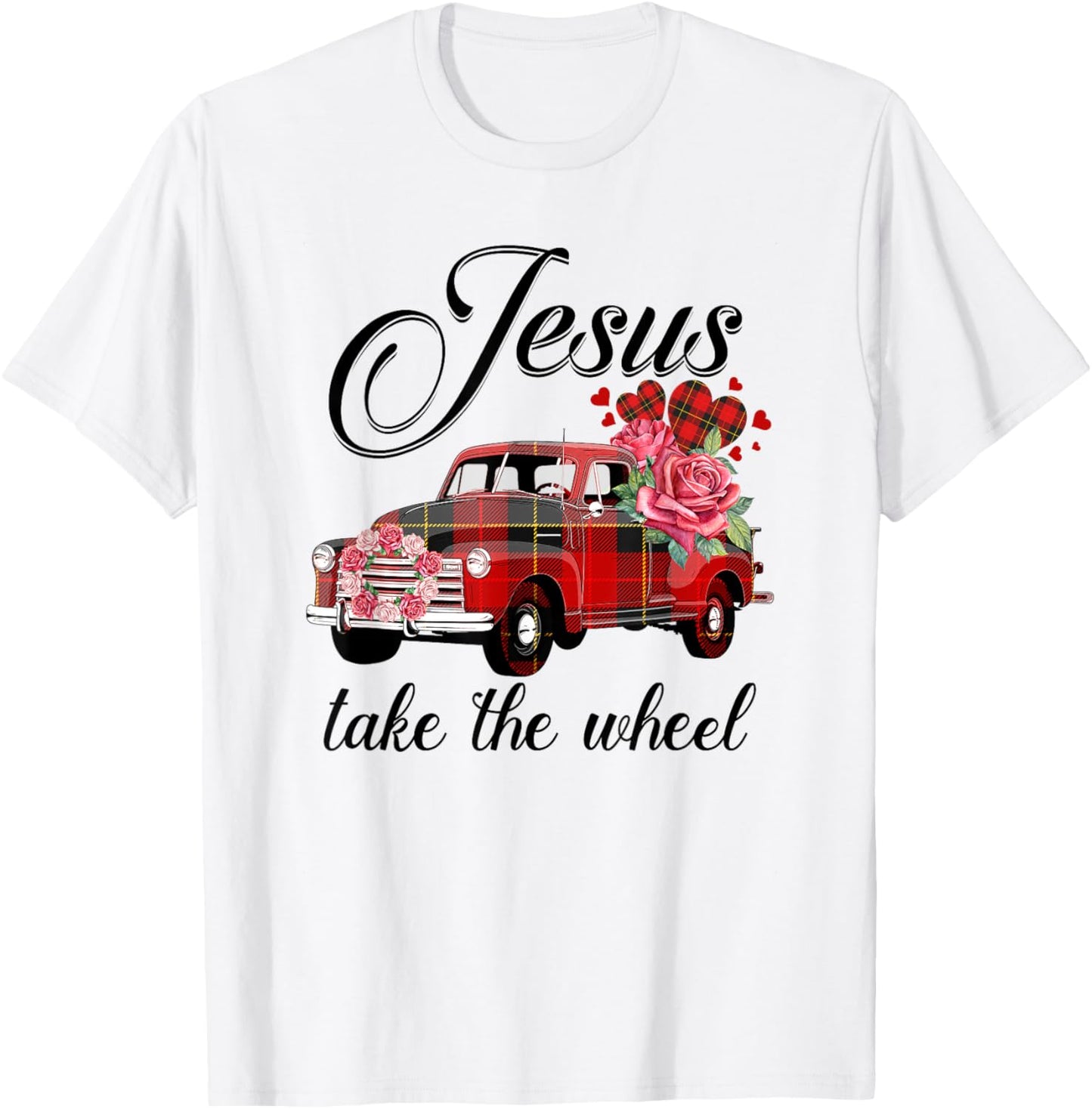 Jesus Take The Wheel Red Truck Christmas God Believer T-Shirt - T-Shirt | White