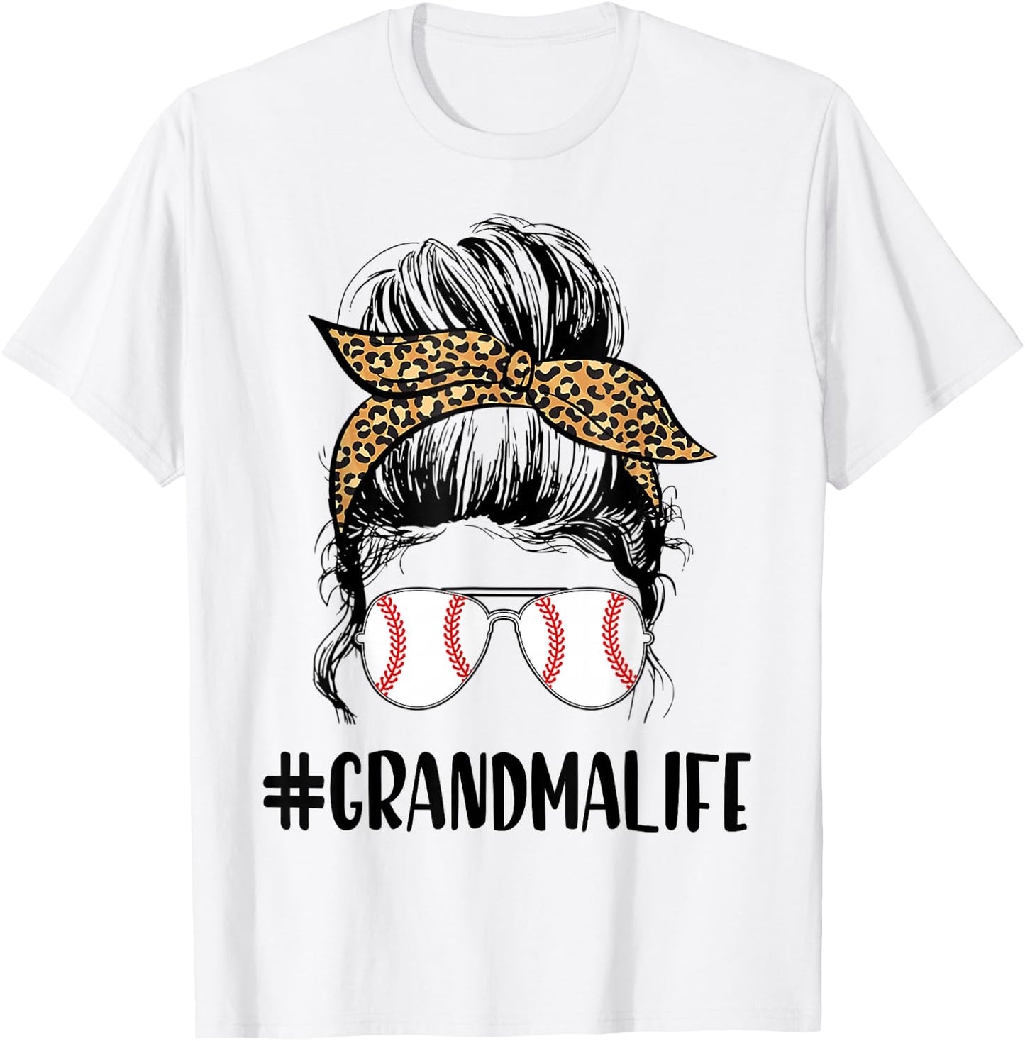 T-ball Grandma Life Messy Bun Leopard Print Softball T-Shirt - T-Shirt | White