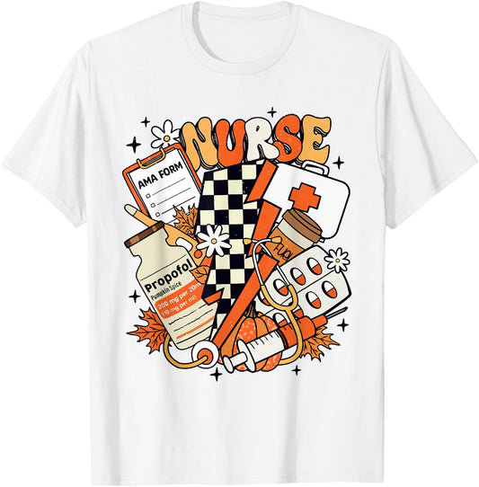 Retro Pumpkin Nurse Life Thanksgiving Fall Autumn Nurse T-Shirt - T-Shirt | White