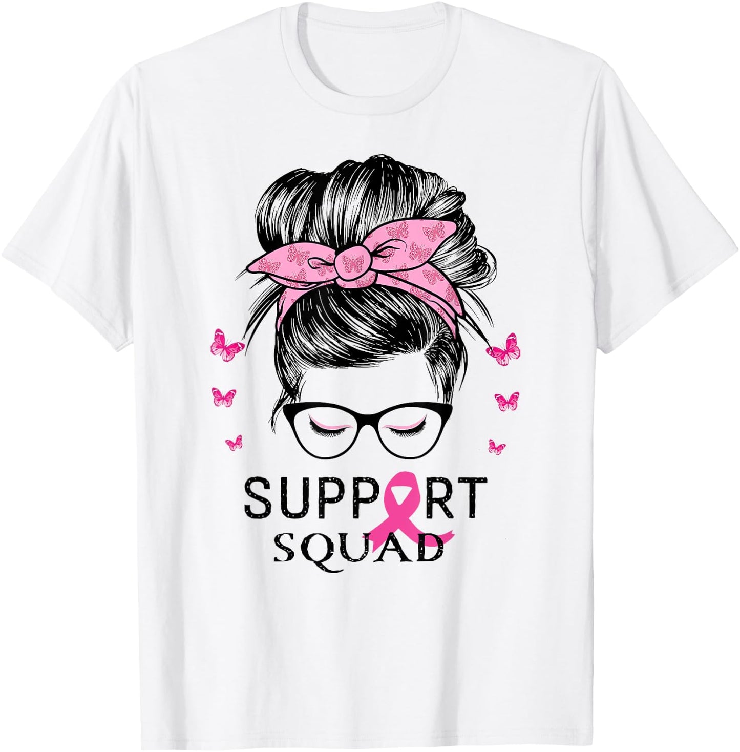 Support Squad Messy Bun Breast Cancer Awareness T-Shirt - T-Shirt | White