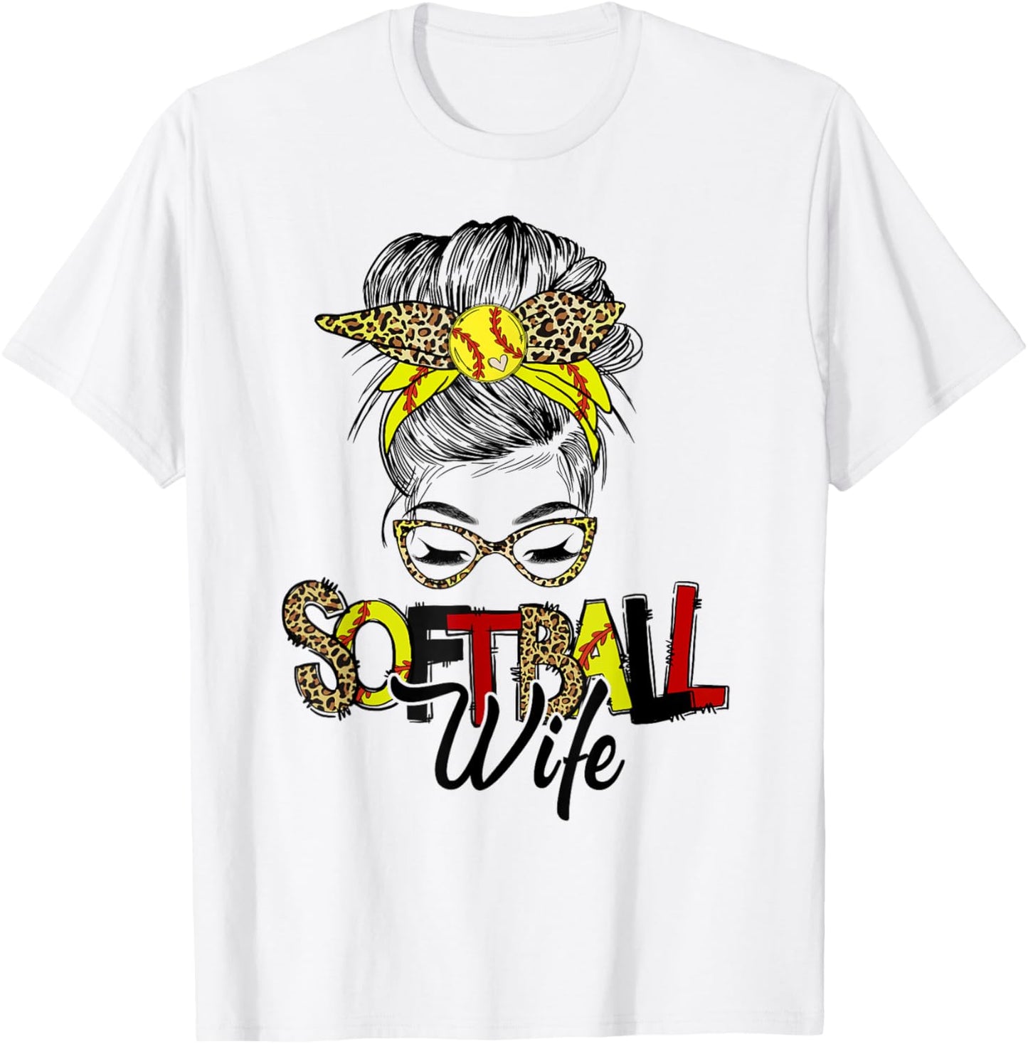 Softball Wife Life With Leopard Messy Bun Mother's Day T-Shirt - T-Shirt | White
