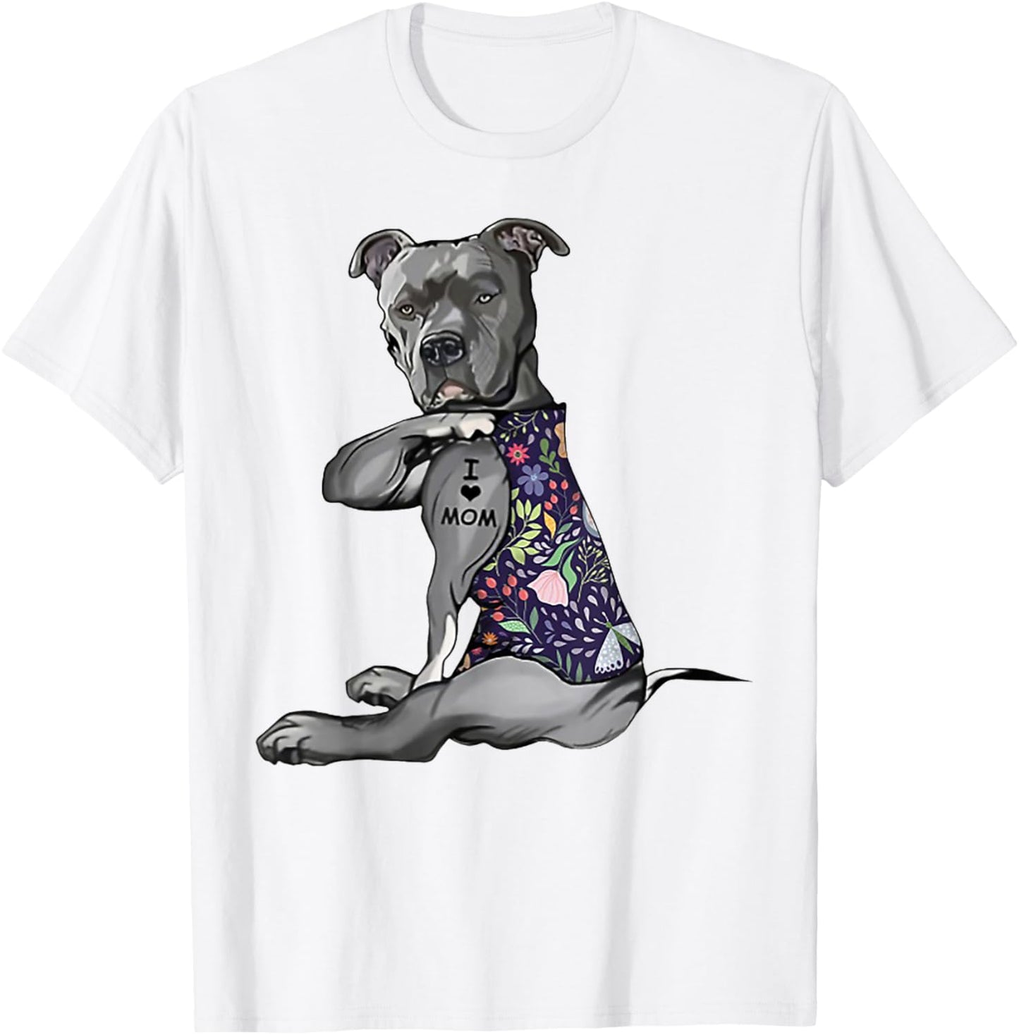 Pitbull I Love Mom Funny Pitbull Tattooed T-Shirt - T-Shirt | White