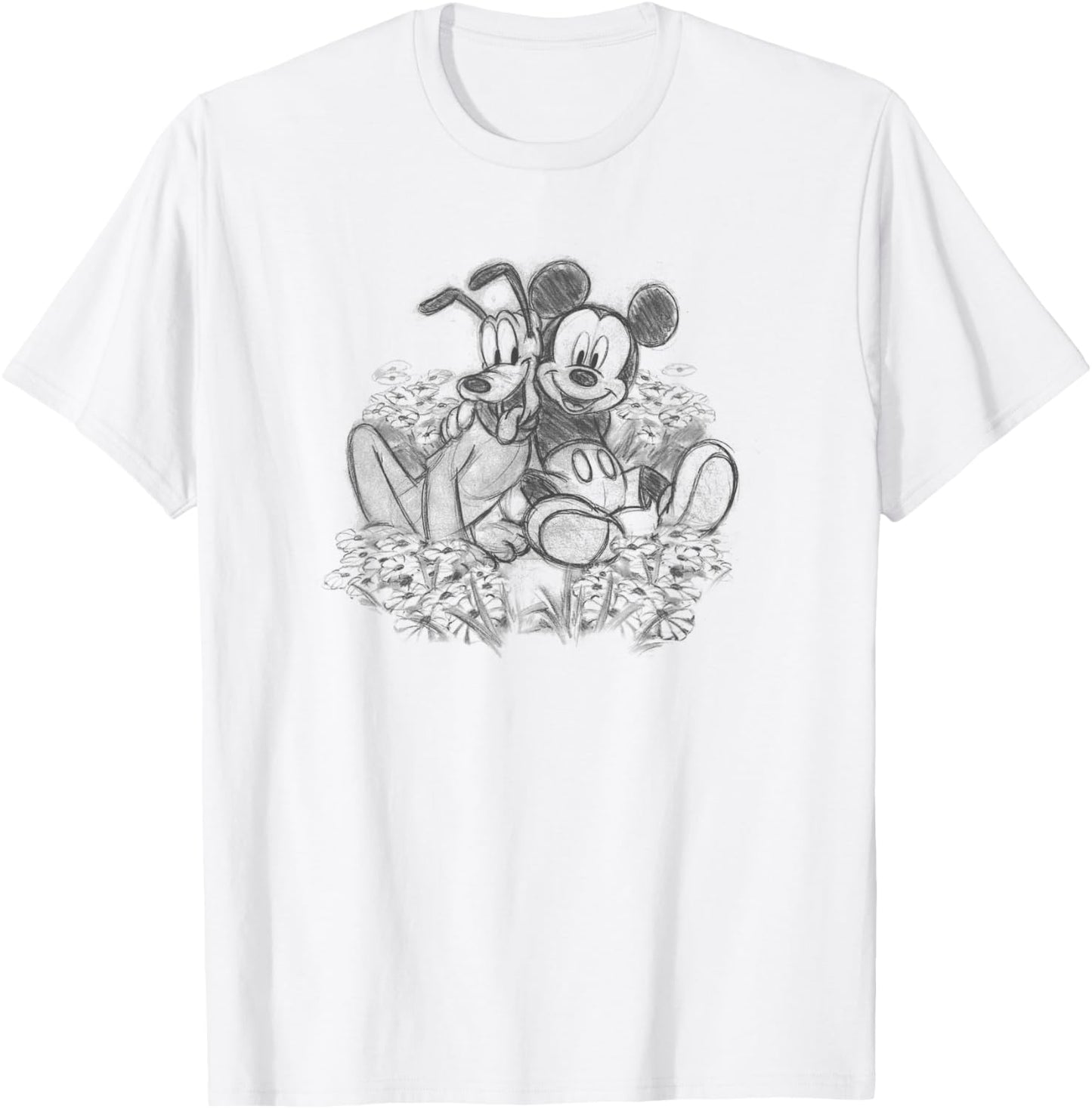 Disney Mickey & Friends Mickey and Pluto Floral Sketch T-Shirt - T-Shirt | White