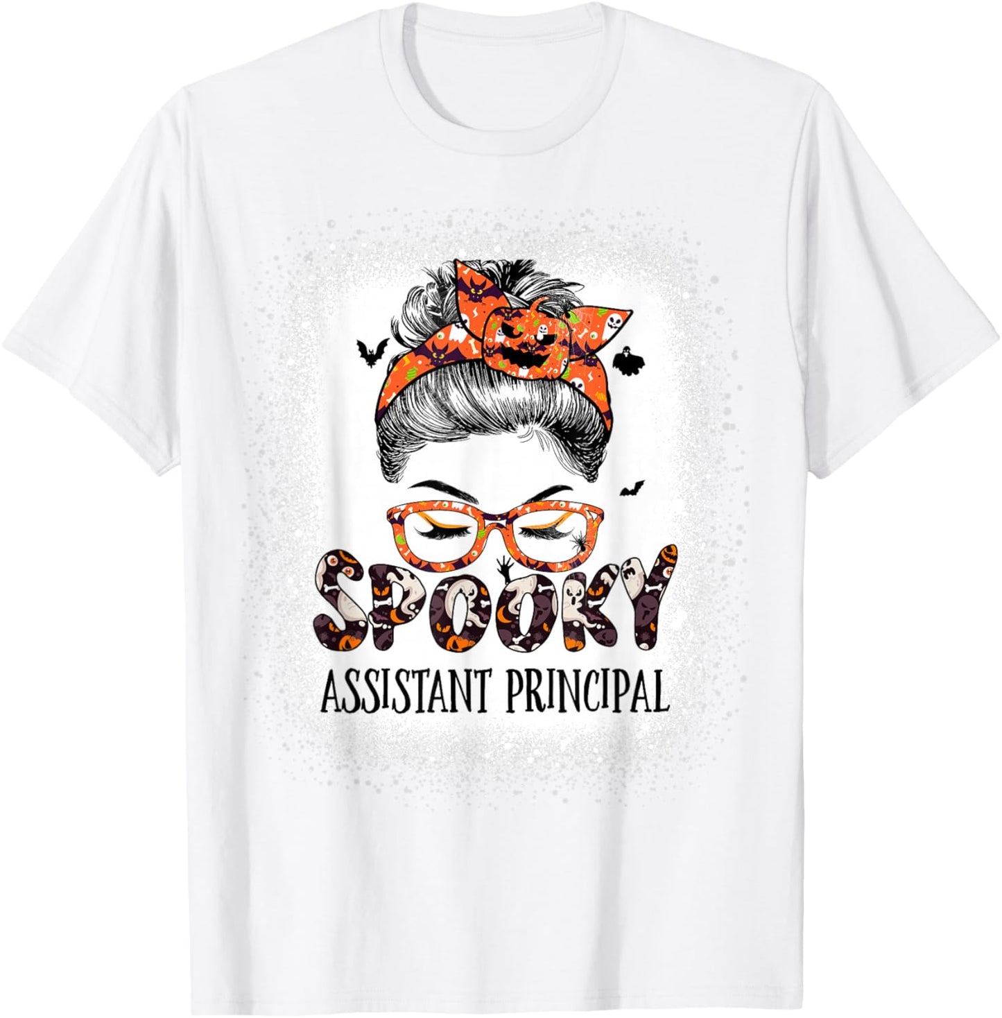 Messy Bun Spooky Assistant Principal Bleached Halloween Bat T-Shirt - T-Shirt | White