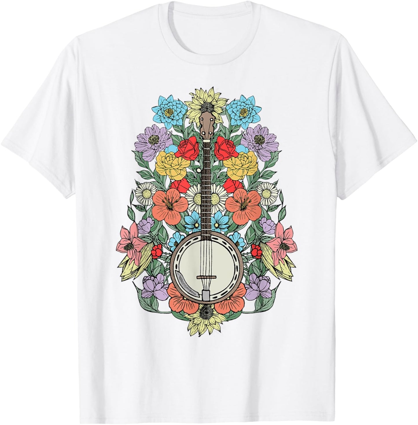 Banjo Flowers Vintage Stringed Bluegrass Folk Floral Design T-Shirt - T-Shirt | White