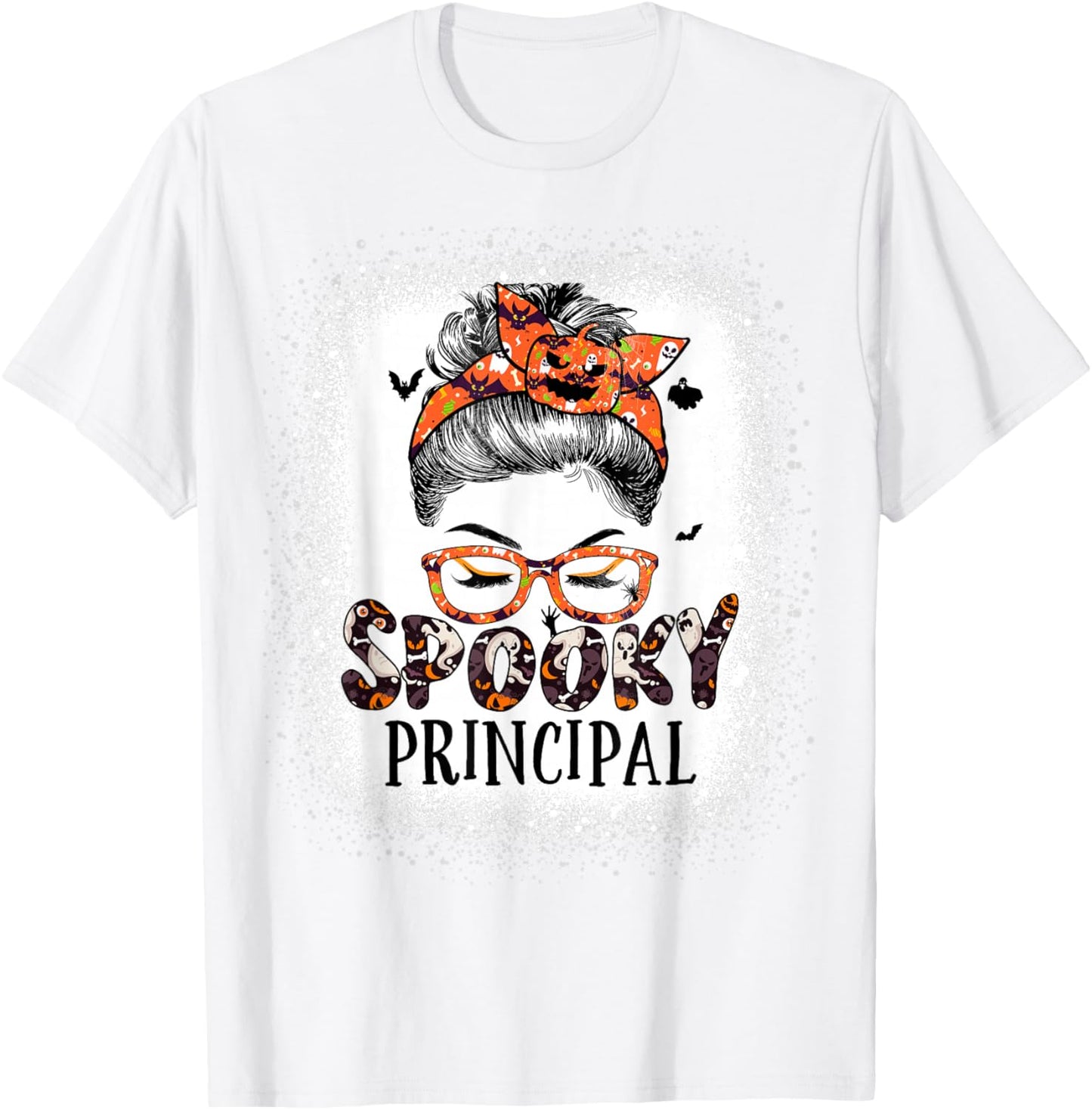 Messy Bun Spooky Principal Bleached Halloween Pumpkin T-Shirt - T-Shirt | White