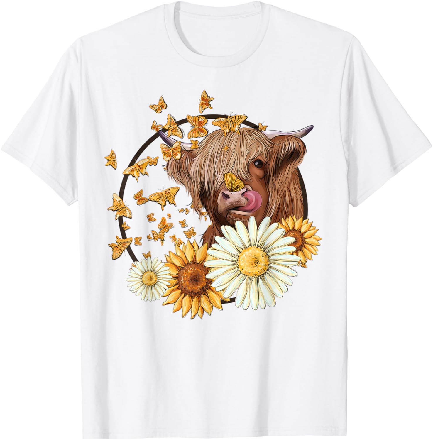 Highland Cow With Sunflower Daisies Butterflies Farm Western T-Shirt - T-Shirt | White