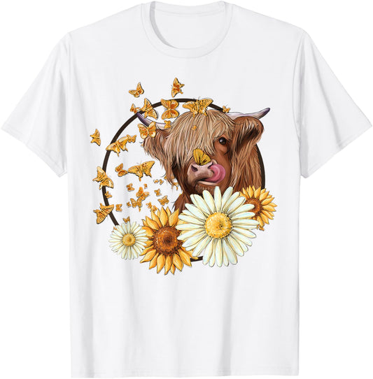 Highland Cow With Sunflower Daisies Butterflies Farm Western T-Shirt - T-Shirt | White