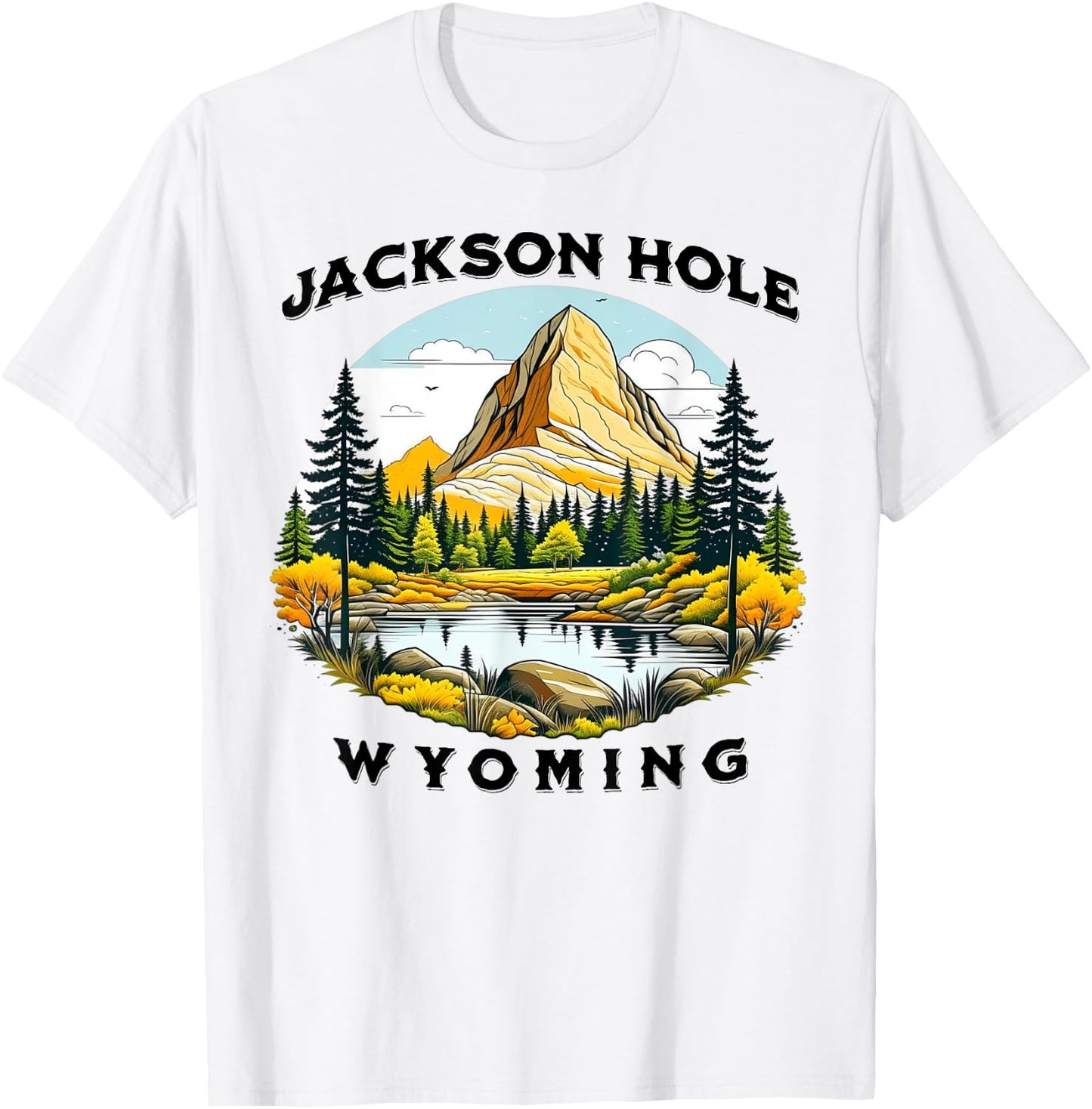 Jackson Hole Wyoming USA Outdoor Vintage -Adults, -Kids Cotton 50%, Polyester 50% Modern Nature Hiking Casual Short Sleeve Small Yellow T-Shirt - T-Shirt | White
