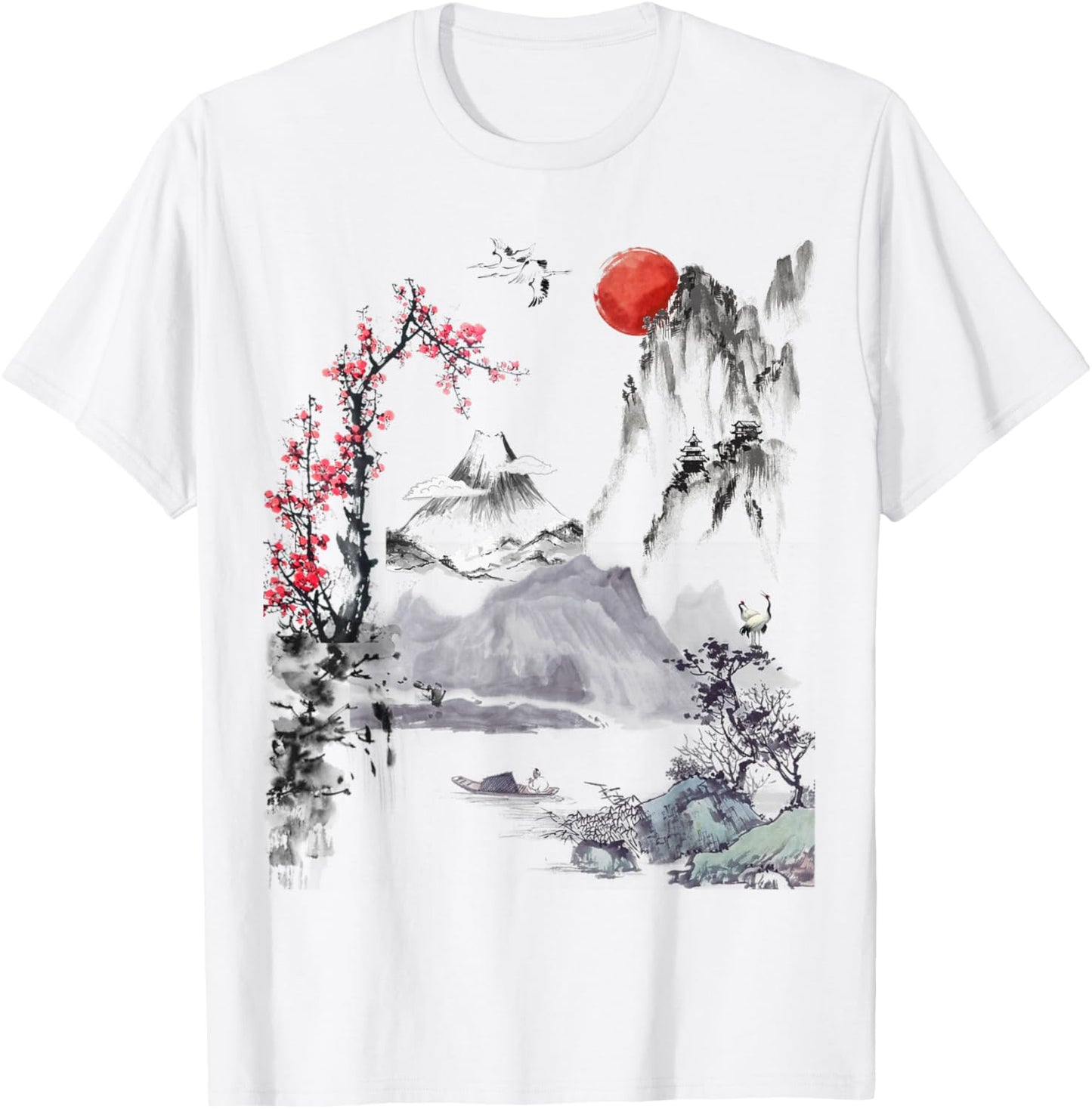 Japanese Art Tree Red Moon With Birds Flying in Background T-Shirt - T-Shirt | White