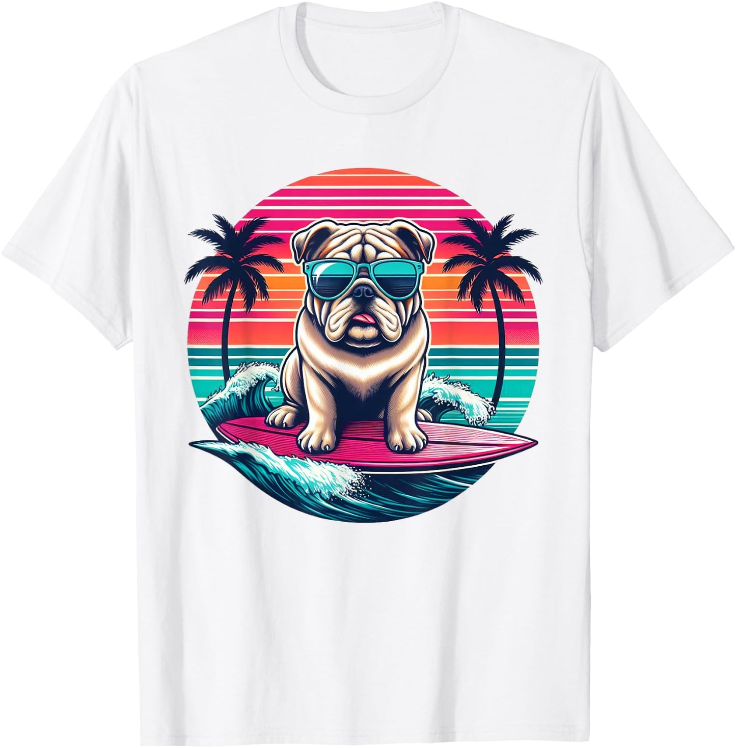 Surfing English Bulldog Retro Sunset Men Women Kids T-Shirt - T-Shirt | White