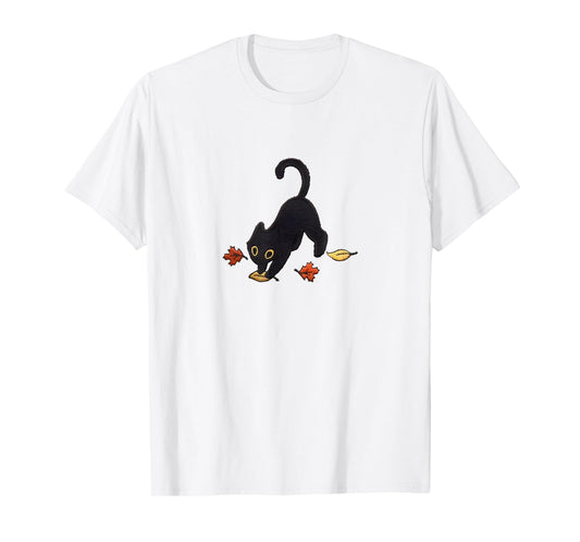 Cute Black cat Pouncing Leaves T-Shirt