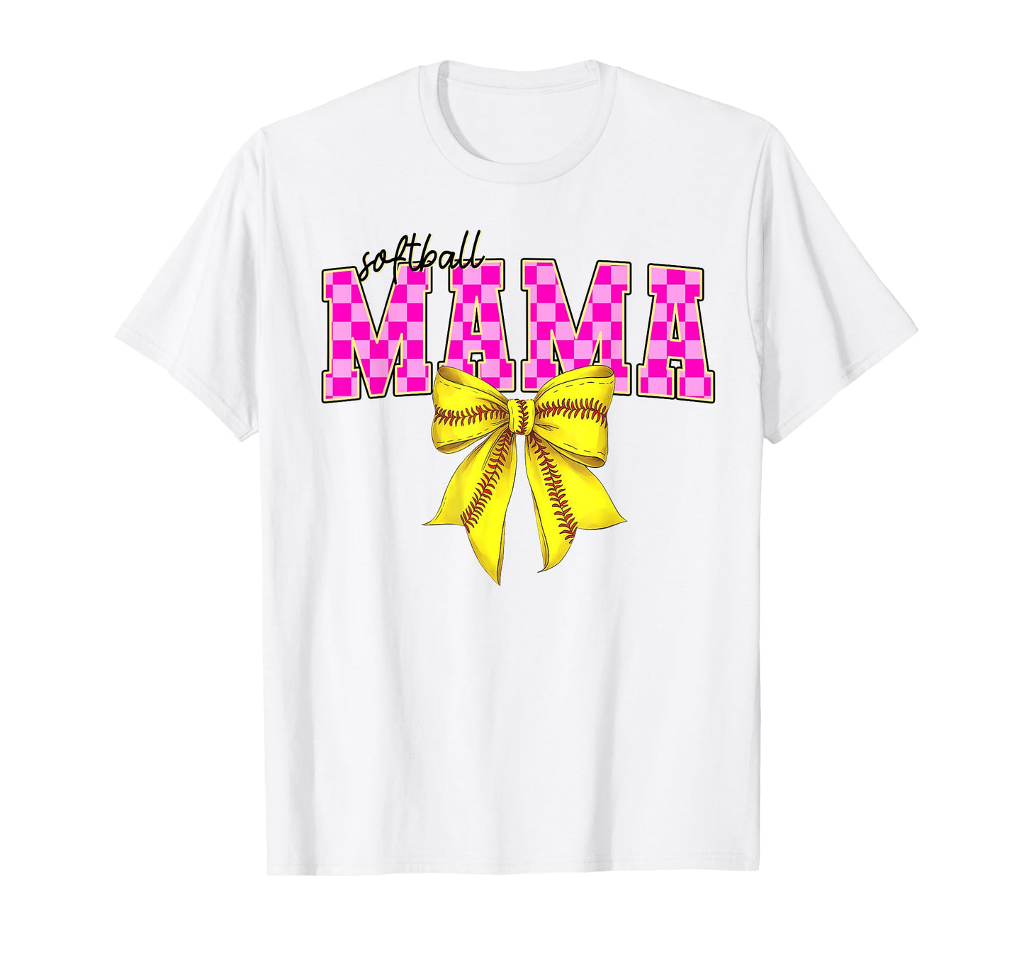 Pink Checkered Softball Coquette Bow Mama Mother's Day Women T-Shirt