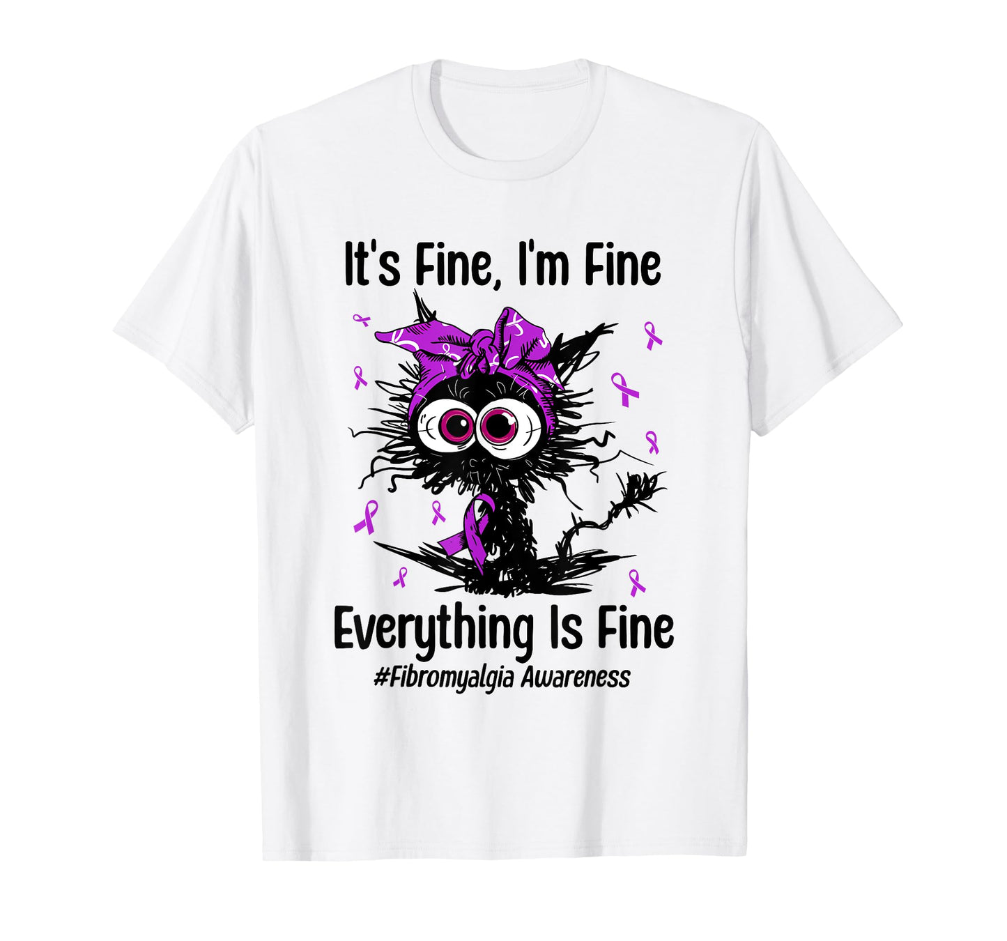 Funny Cat Fibromyalgia Awareness Fibro Warrior Ribbon Purple Men Women Kids T-Shirt