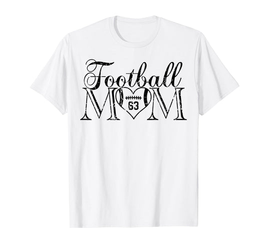 Cute Football Mom Black Number 63 Jersey Heart #63 Game Day T-Shirt