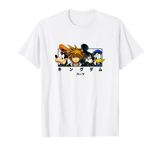Disney Kingdom Hearts Main Characters Panel Chest Kanji Logo T-Shirt