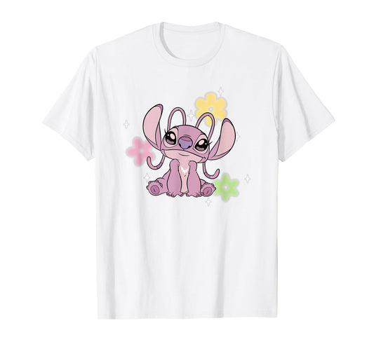 Disney Lilo & Stitch Cute Angel Floral Sparkles Chest Logo T-Shirt