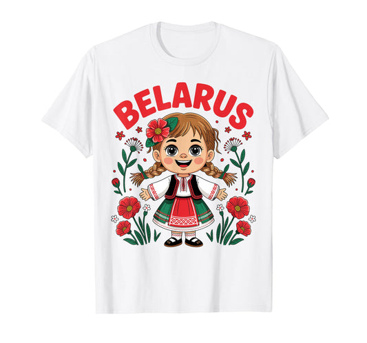 Cute Belarusian Girl in Folk Costume Design for Kids T-Shirt