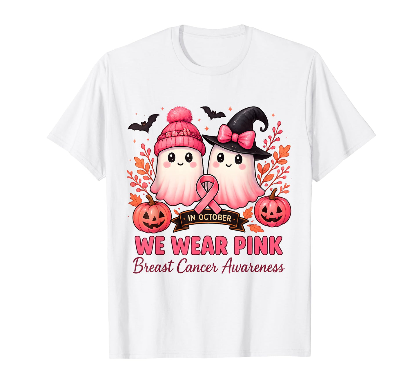 in October We Wear Pink Ghosts Breast Cancer Awareness T-Shirt