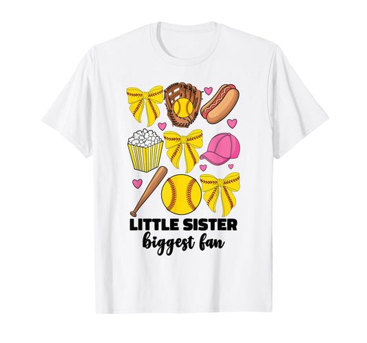 Little Sister Biggest Fan Softball Teen Girls Coquette Bow T-Shirt