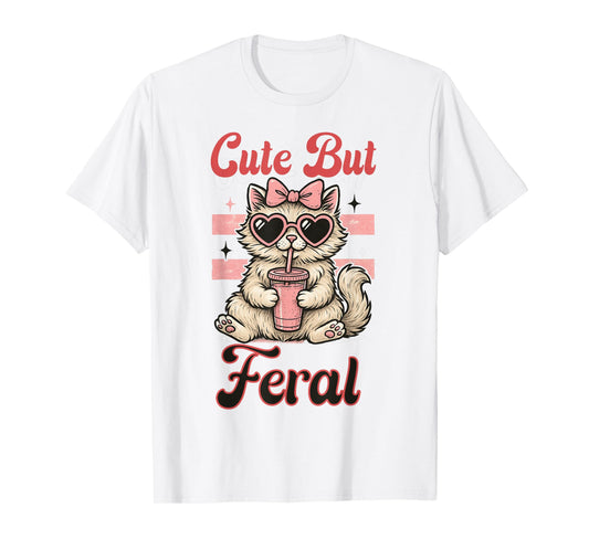 Cute But Feral Funny Vintage Cute Cat Wearing Glasses Women T-Shirt