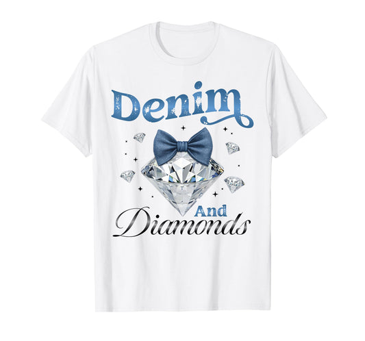 Denim And Diamonds Bow Ladies Girls Women T-Shirt