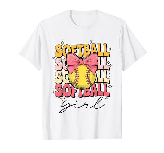 Groovy Softball Girl Girls Coquette Bow Softball T-Shirt