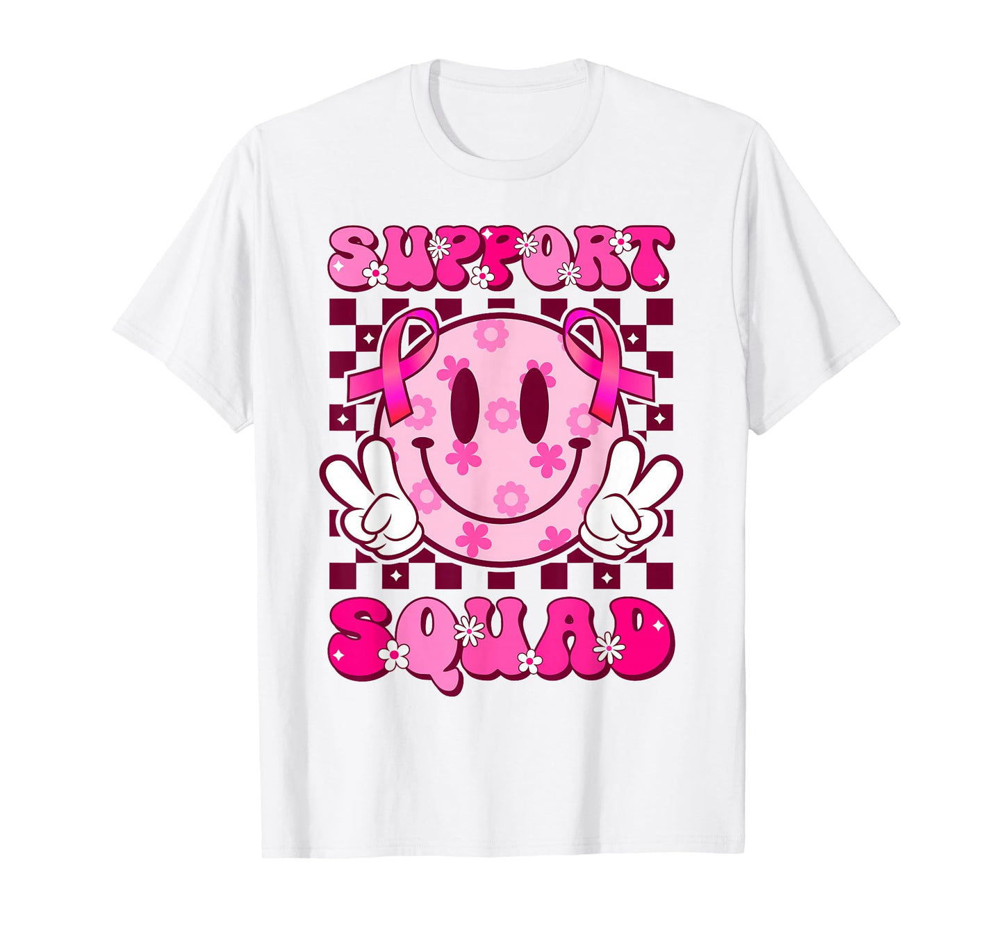 Groovy Smile Face Pink Ribbon Support Squad Breast Cancer T-Shirt