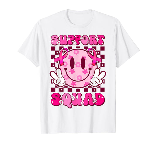 Groovy Smile Face Pink Ribbon Support Squad Breast Cancer T-Shirt