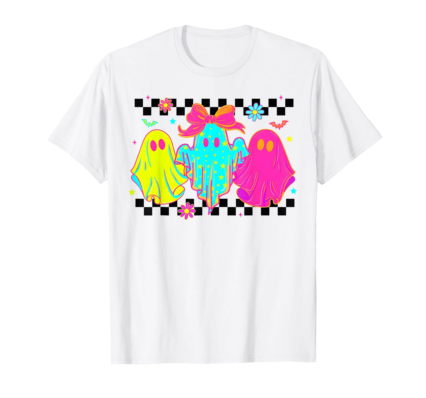 Checkered Boo Ghost Coquette Bow Halloween Womens Girls T-Shirt