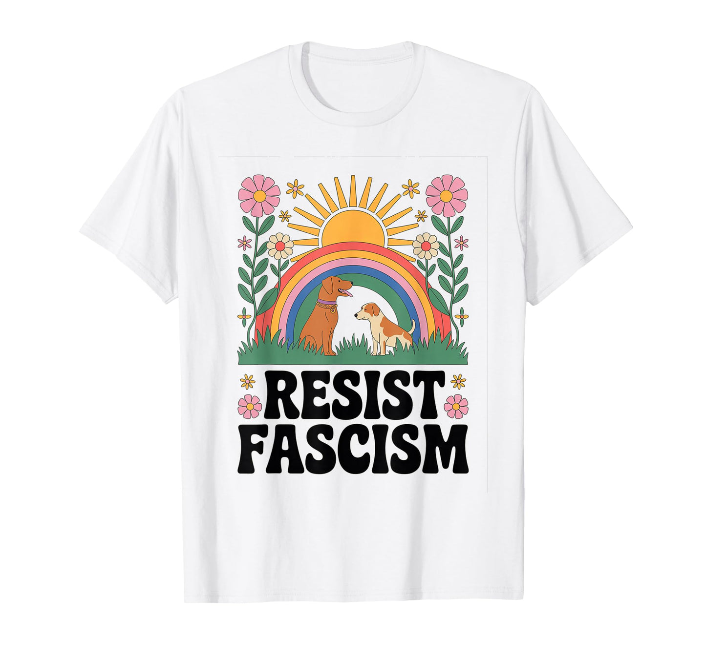 Dogs Resist Fascism Retro Groovy Rainbow No Kings Hippie T-Shirt