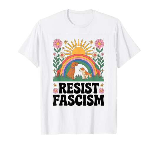 Dogs Resist Fascism Retro Groovy Rainbow No Kings Hippie T-Shirt