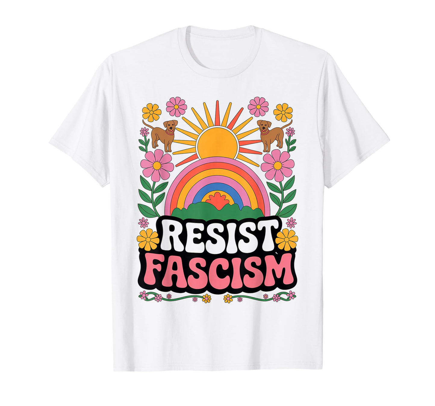 Dogs Resist Fascism Retro Groovy Rainbow No Kings Hippie T-Shirt