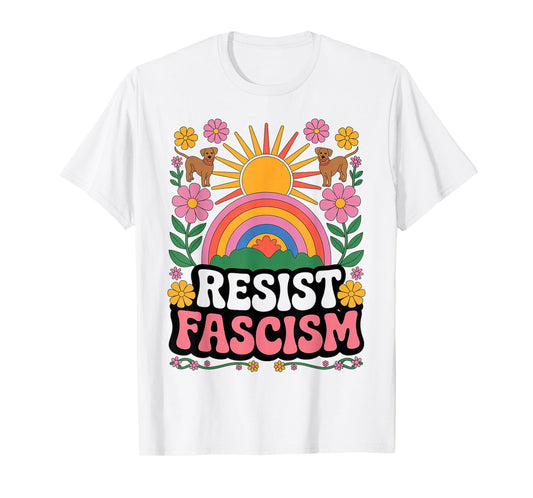 Dogs Resist Fascism Retro Groovy Rainbow No Kings Hippie T-Shirt