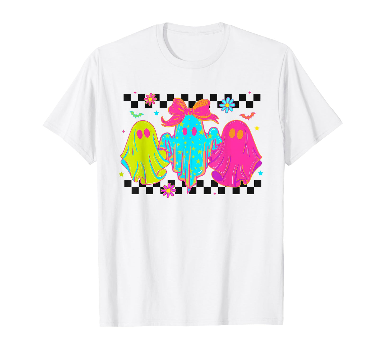 Checkered Neon Halloween Ghost T-Shirt