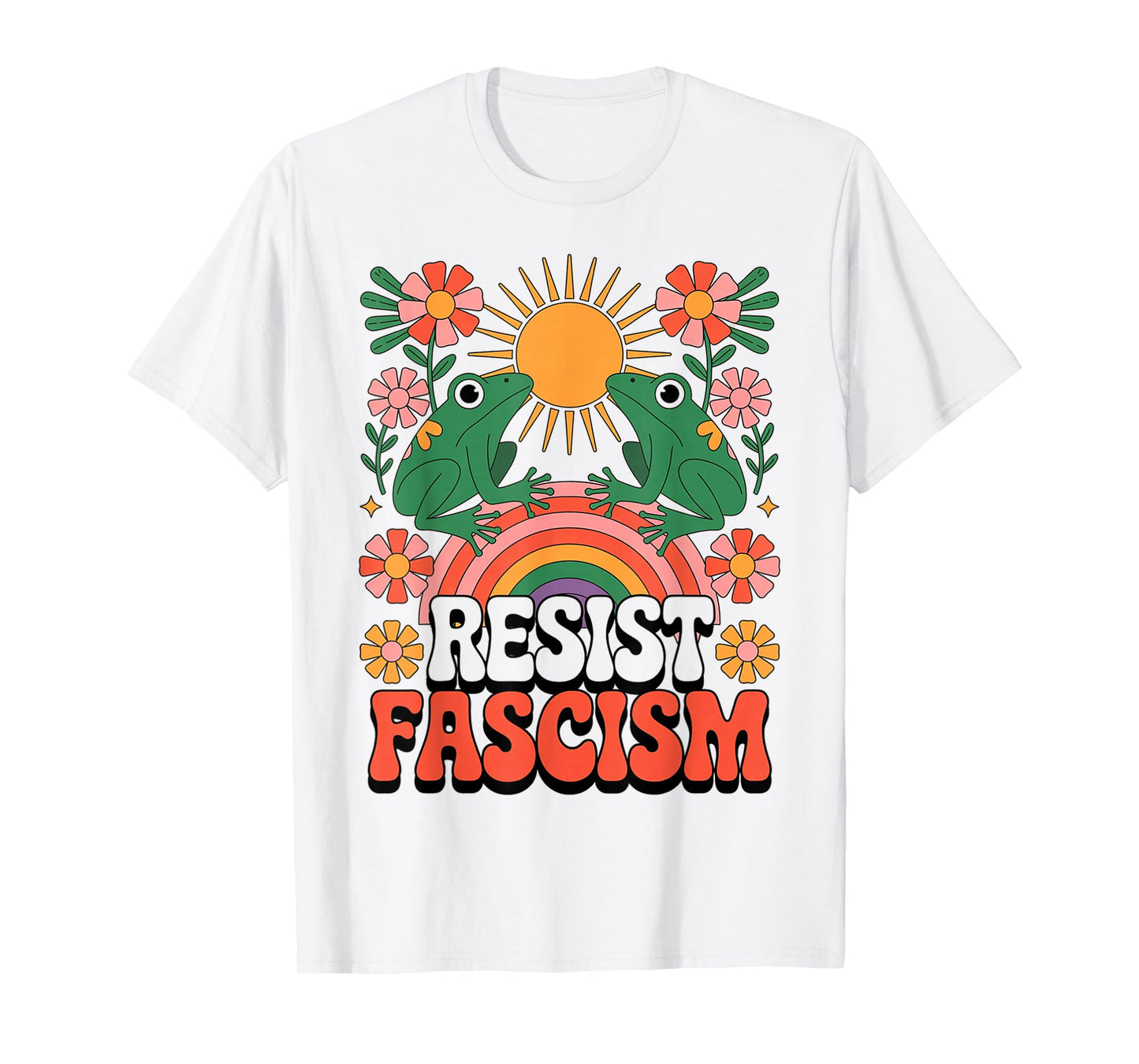 Frogs Resist Fascism Retro Groovy Rainbow No Kings Hippie T-Shirt