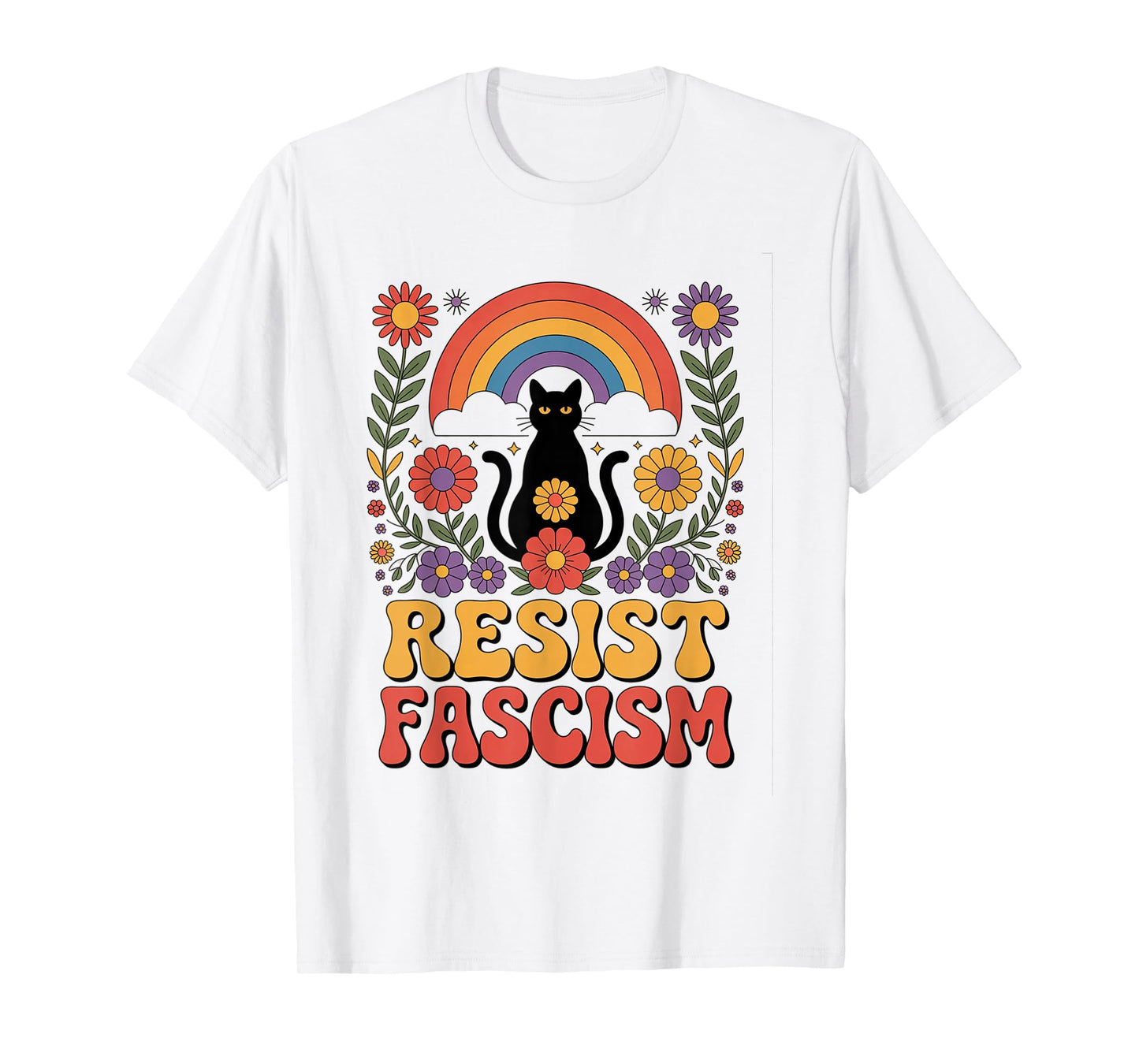 Cat Resist Fascism Retro Groovy Rainbow No Kings Hippie T-Shirt