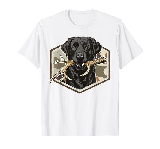 Dog Black Lab with Deer Antler Camouflage Hunting Season T-Shirt